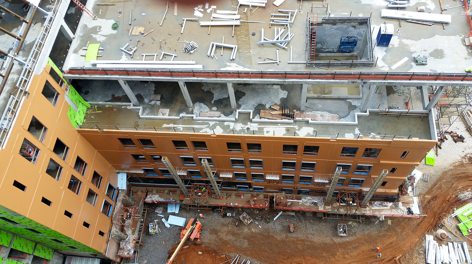 View of the Administrative Leg of the building getting its walls in place.