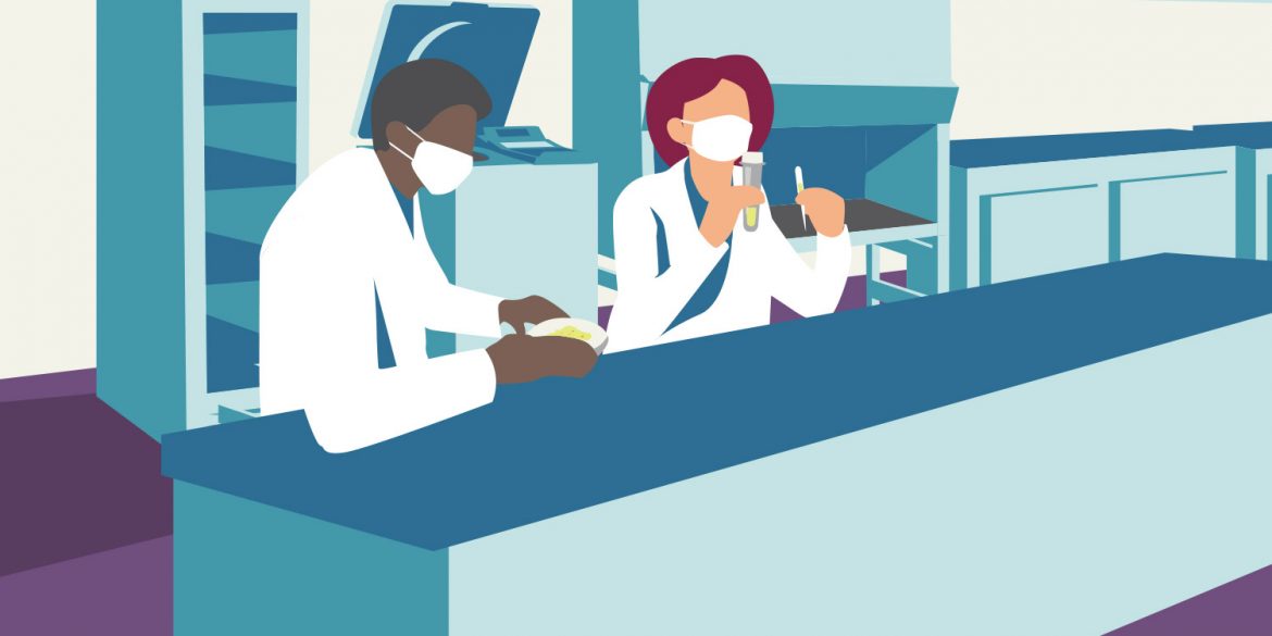 Illustration of COVID researchers in a lab