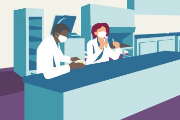 Illustration of COVID researchers in a lab