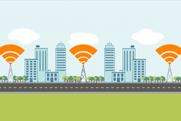 Illustration of a city scene with 5G towers