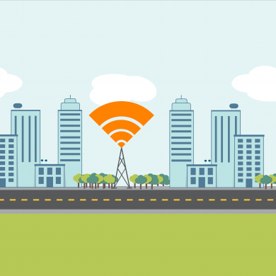 Illustration of a city scene with 5G towers