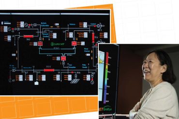 Montage of Yilu Liu in the CURENT lab and the Power Grid board