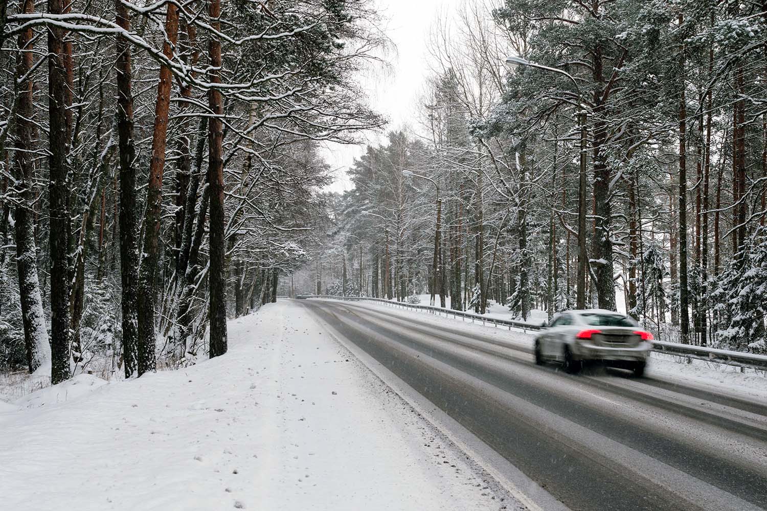Car drives on a snowy road lined with trees.