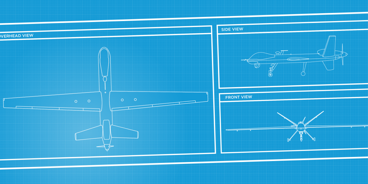 Blueprint style rendering of drone