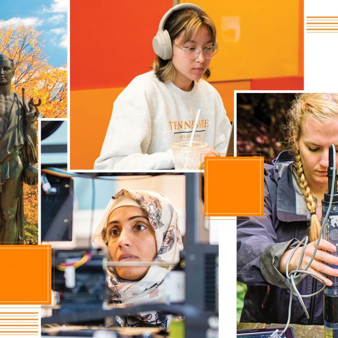 Collage of images of the torchbearer and students working in labs and studying