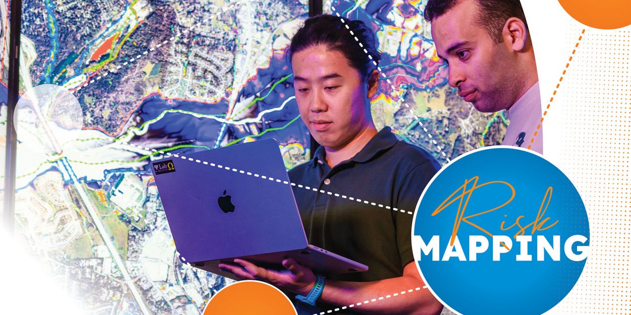 Haochen Li Works wth students with a graphic overlay of blue and orange circles over the top