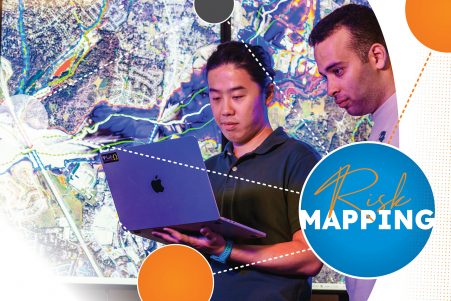 Haochen Li Works wth students with a graphic overlay of blue and orange circles over the top