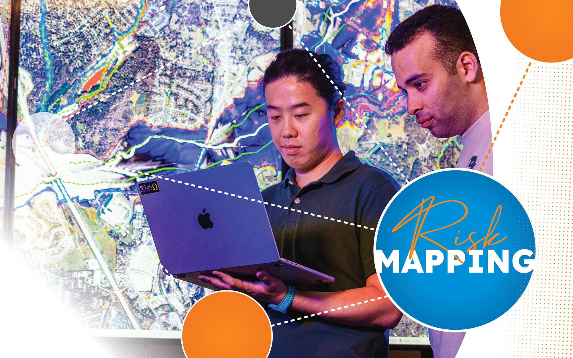 Haochen Li Works wth students with a graphic overlay of blue and orange circles over the top