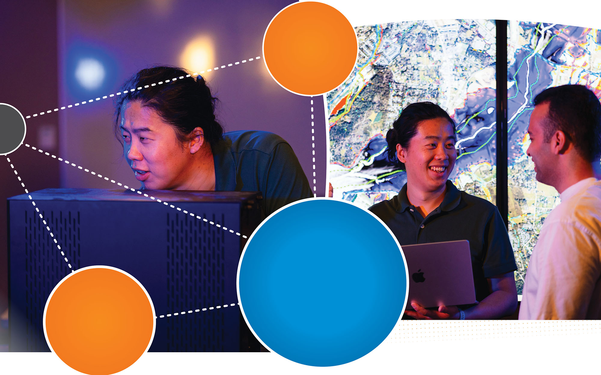 Collage featuring Haochen Li and his student with orange and blue overlay circles