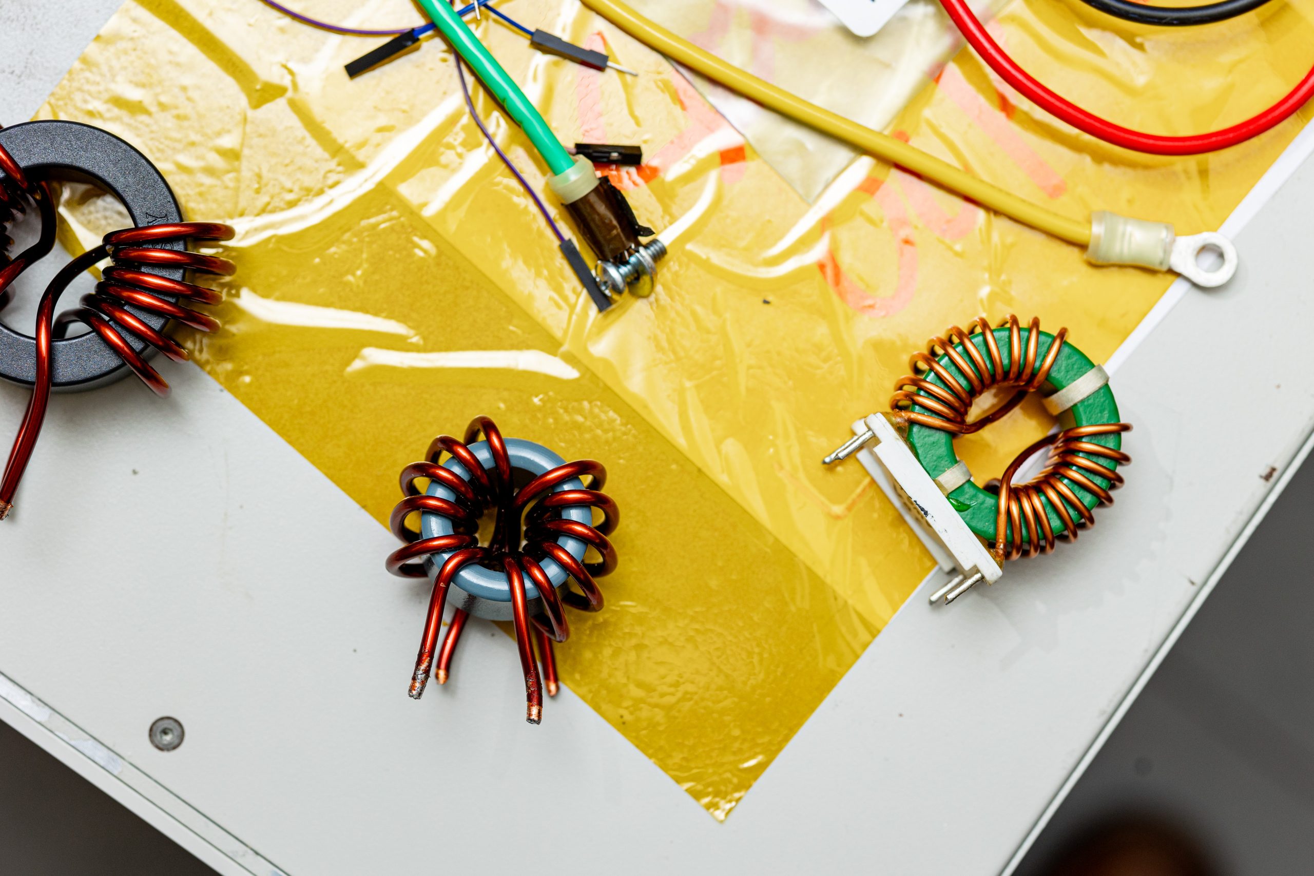 Inductor coils and wires sitting on a table