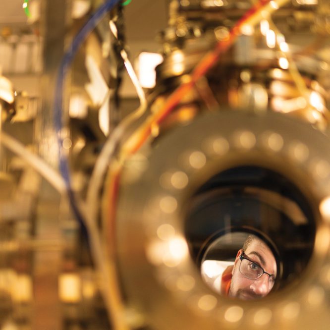PhD student Mason Phillips works with the Tennessee Plasma Exposure Experiment (T-PLEX) in the Nuclear Fusion Lab at Zeanah Engineering Complex
