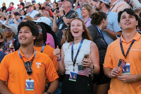 A group of mechanical and aerospace engineering students watch the Artemis II launch