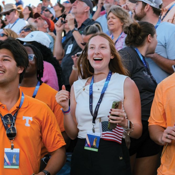 A group of mechanical and aerospace engineering students watch the Artemis II launch