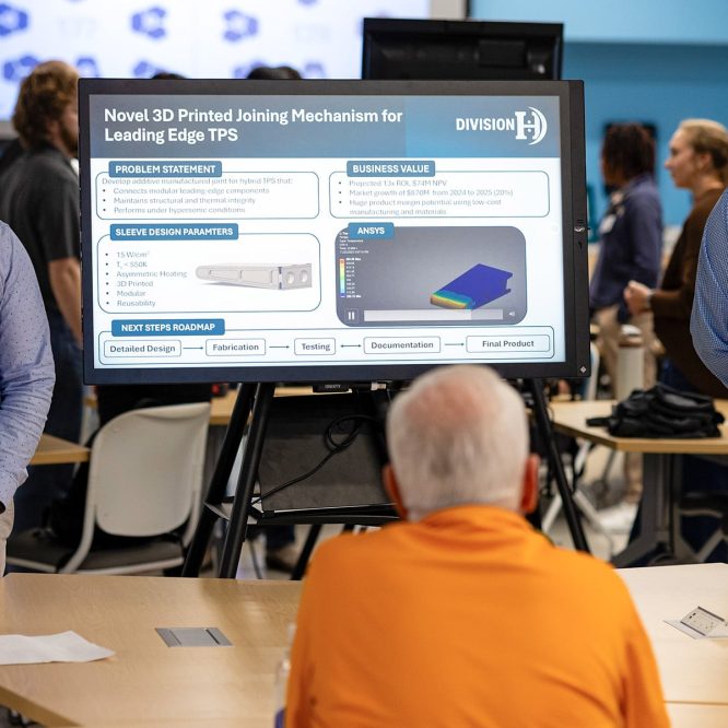 A senior design project team presents their poster titled "Novel 3D Printed Joining Mechanism for Leading Edge TPS"
