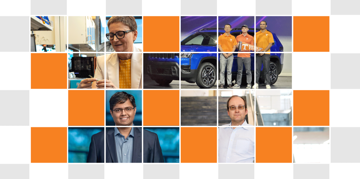 Grid collage with images of Michela Taufer, Sergei Kalinin, Deep Jariwala, and EcoCAR team members