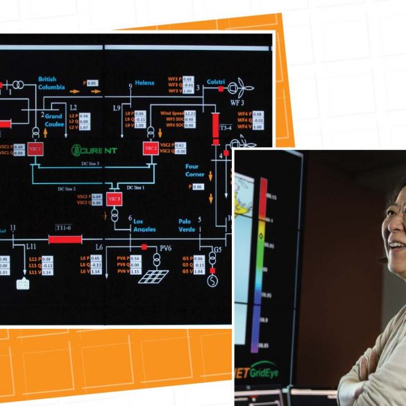 Montage of Yilu Liu in the CURENT lab and the Power Grid board