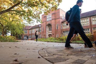 Students walking in front of Ferris Hall