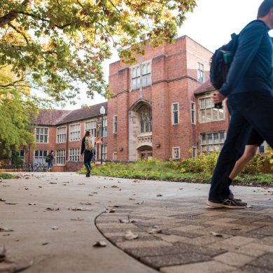 Students walking in front of Ferris Hall