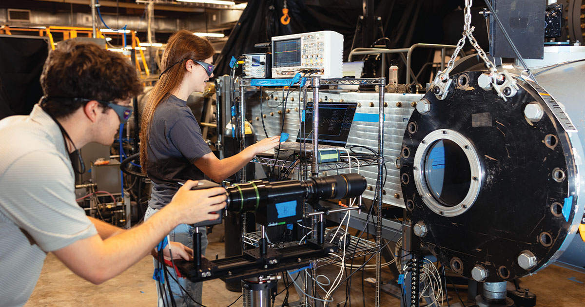 UT students work on the new wind tunnel in a lab in Tullahoma.